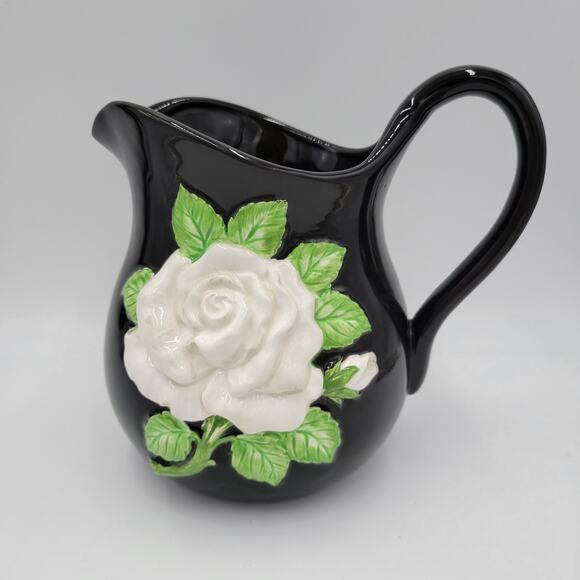 Vintage Fitz & Floyd Pitcher Black White Rose Floral Pattern Ceramic Handpainted - Picture 1 of 9